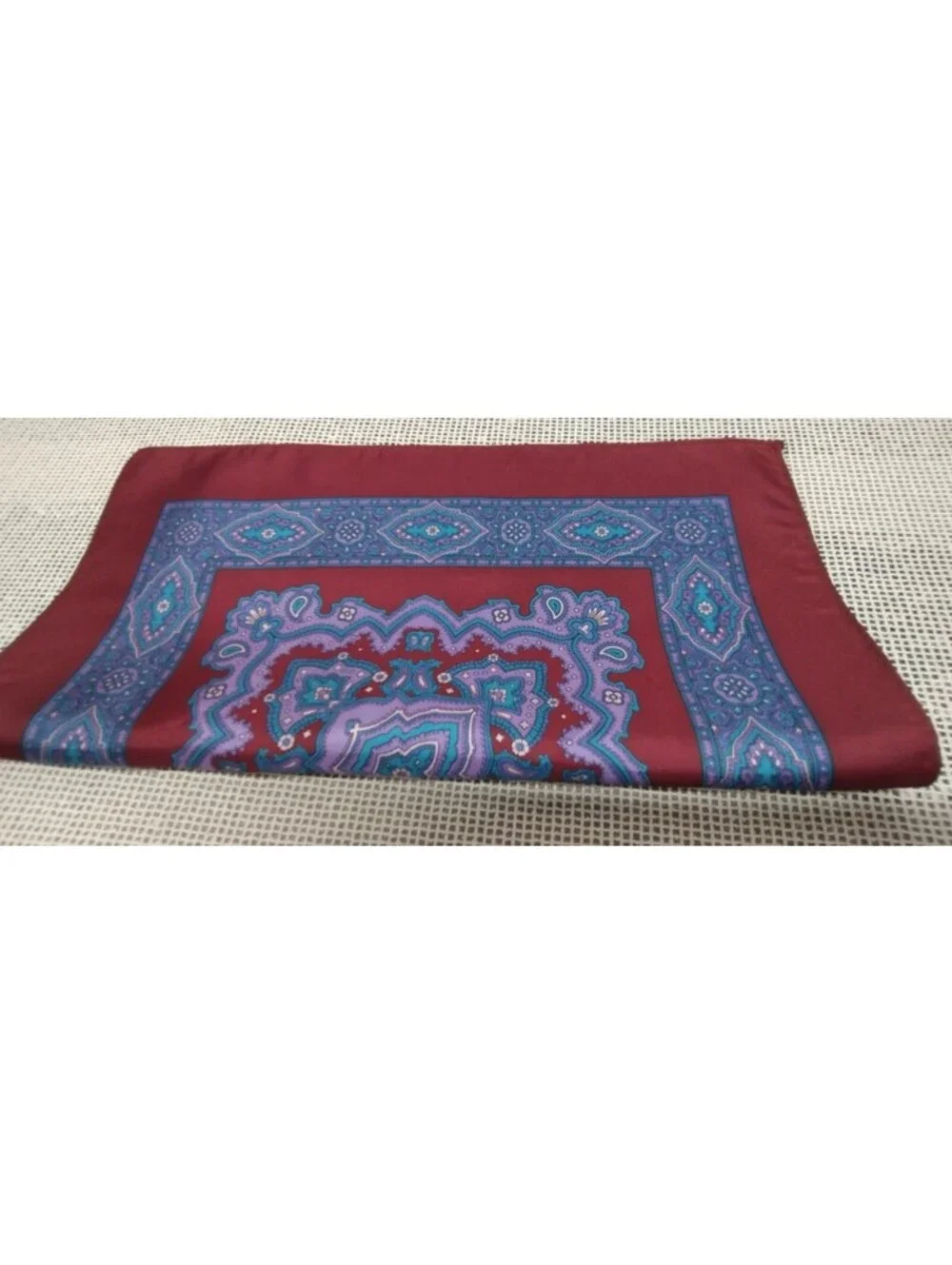 Vintage Burgundy Satin Handkerchief Lilac Paisley Lavender Dandy Hankie 13 x 13